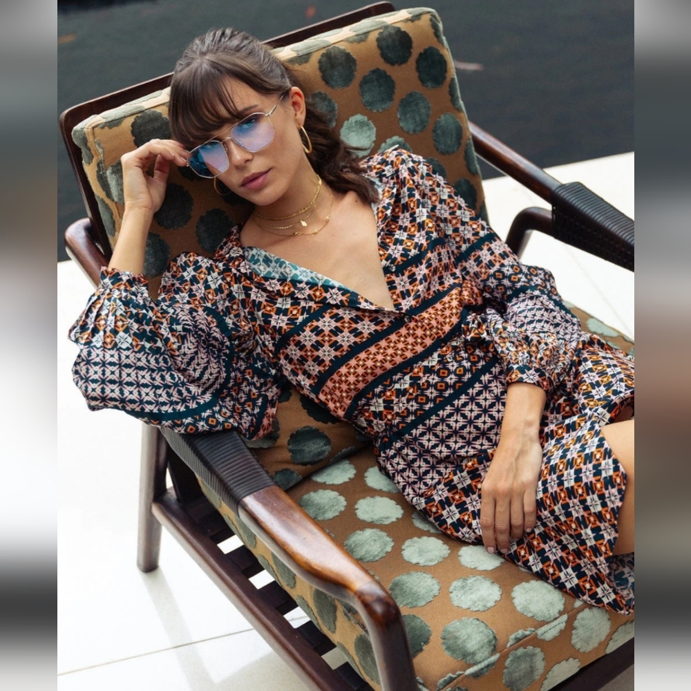 Printed Wrap-Style Long Sleeve Midi Dress in Orange & Navy